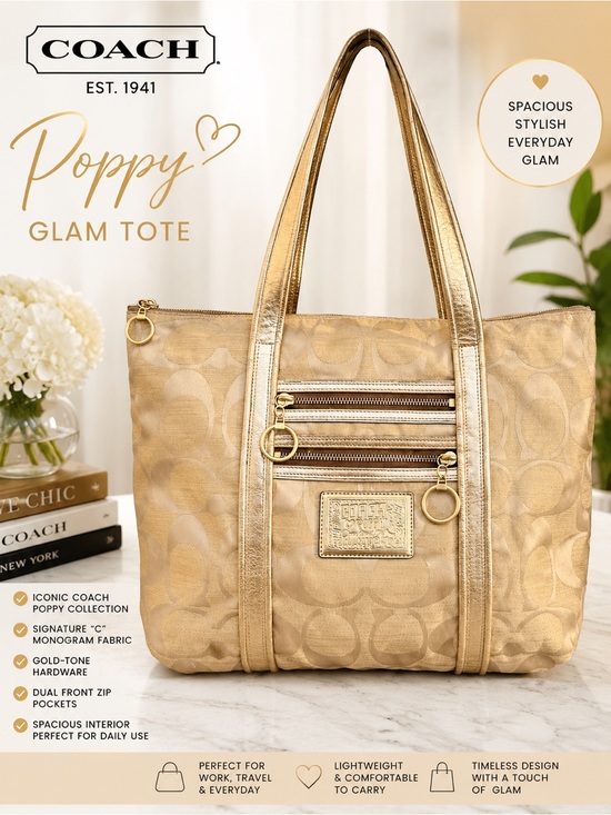 Coach Handbags - COACH Poppy Glam Tote in Metallic Gold Monogram Jacquard Pattern.